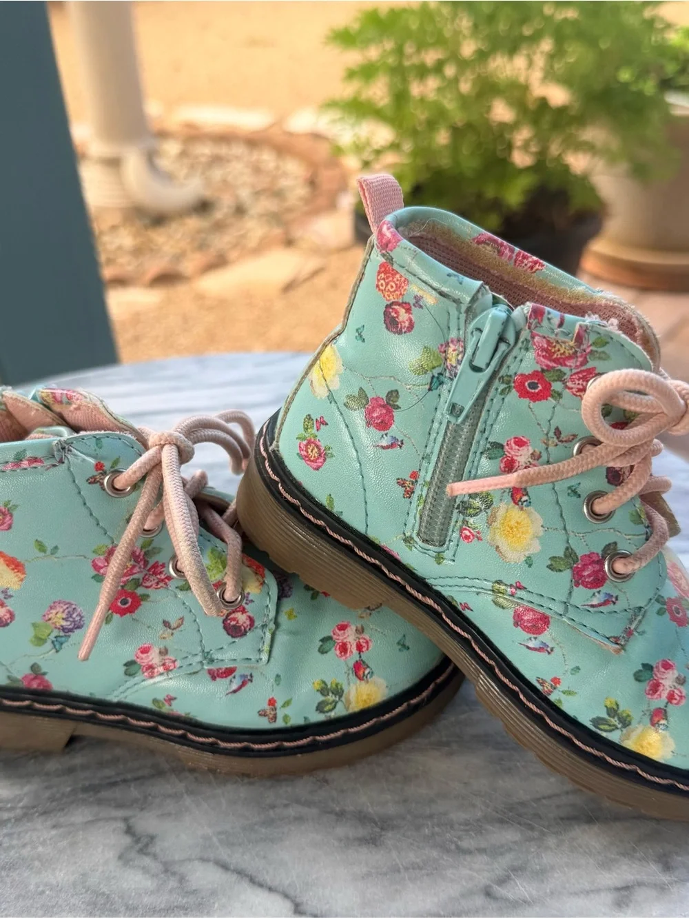 UK Brand Mint Floral Lace-Up Toddler Girls Combat Boots